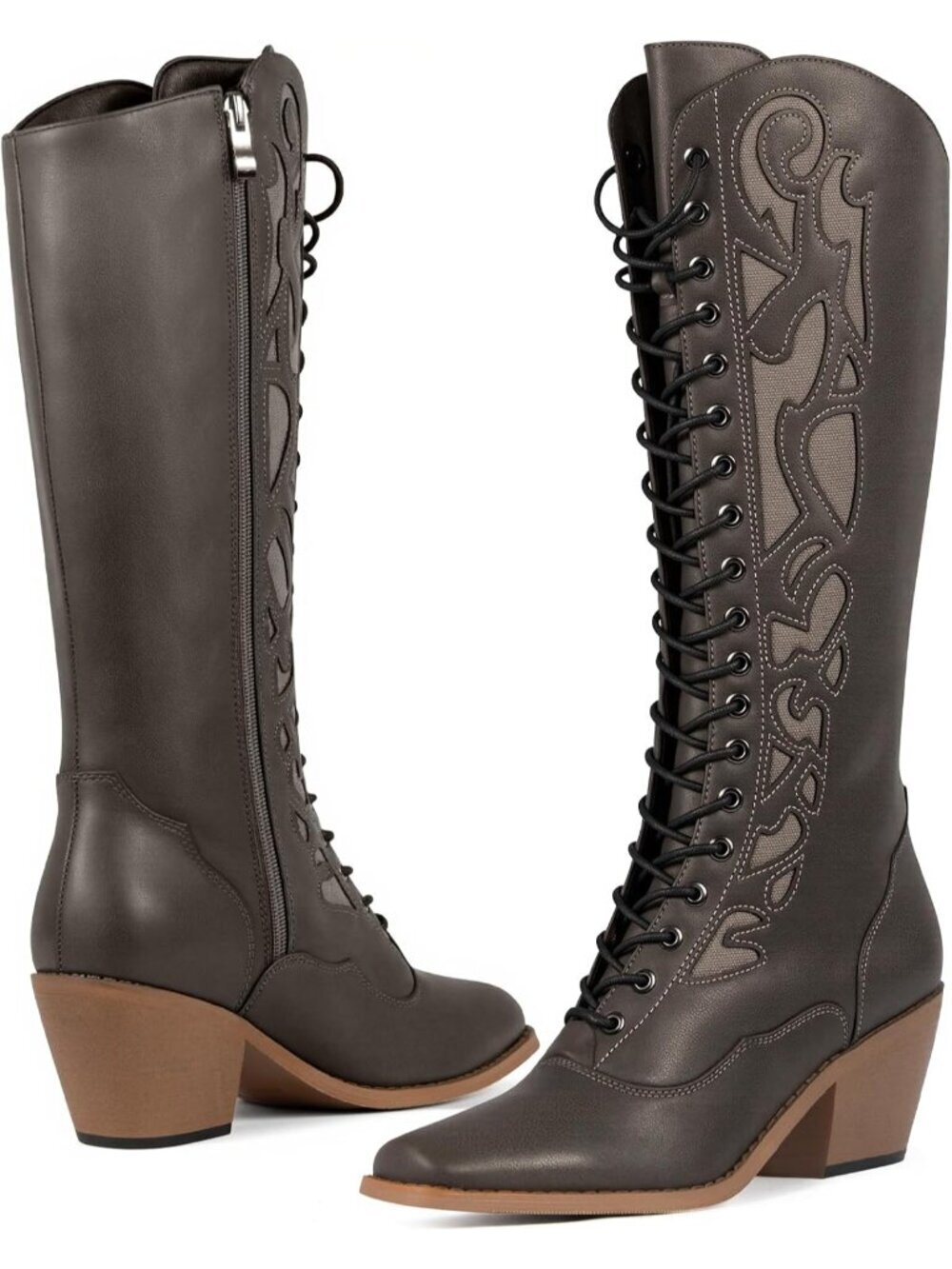 Women's Black Square Toe Knee High Cowgirl Boots Low Block Heel Western Boots